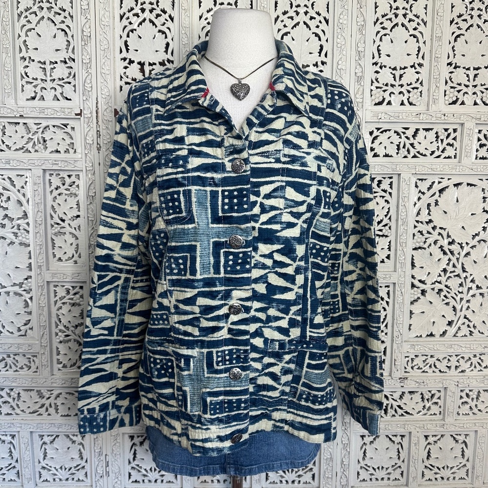 Chicos Blue & Cream Artsy‎ Abstract Aztec Button Up Jacket Sz Medium